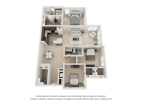 A 3D floor plan of a house with a kitchen, living room, and two bedrooms.